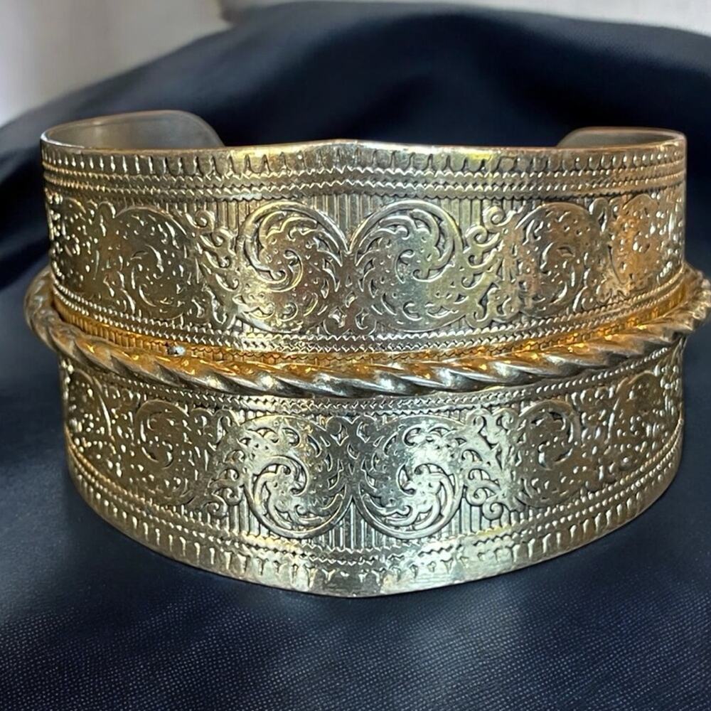 Vintage Gold Tone Statement Cuff Bracelet Ornate Egyptian Revival Festival